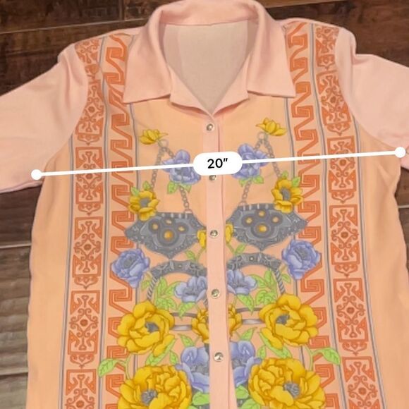 Vintage 70’s 80’s Pink Long Sleeve Button Down Knit Collared Floral Asian Shirt - Picture 10 of 11